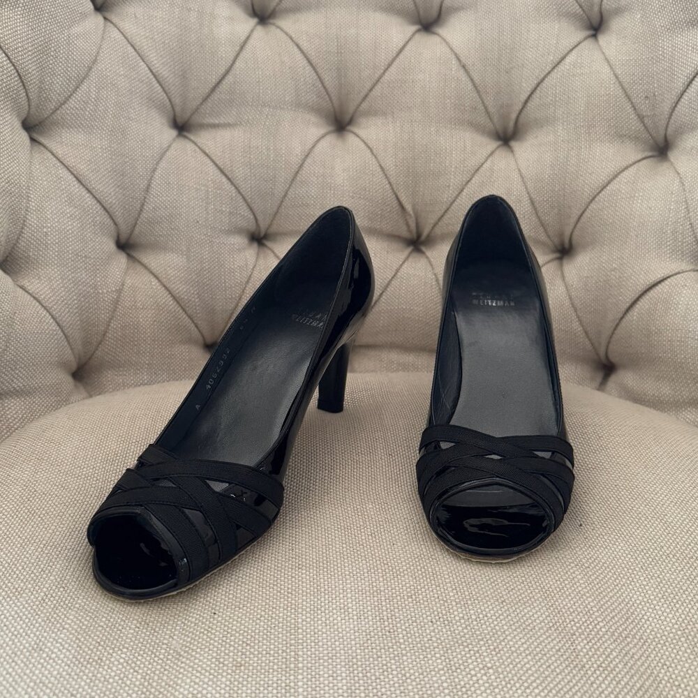 STUART WEITZMAN Black Patent Leather Peep Toe Heels
